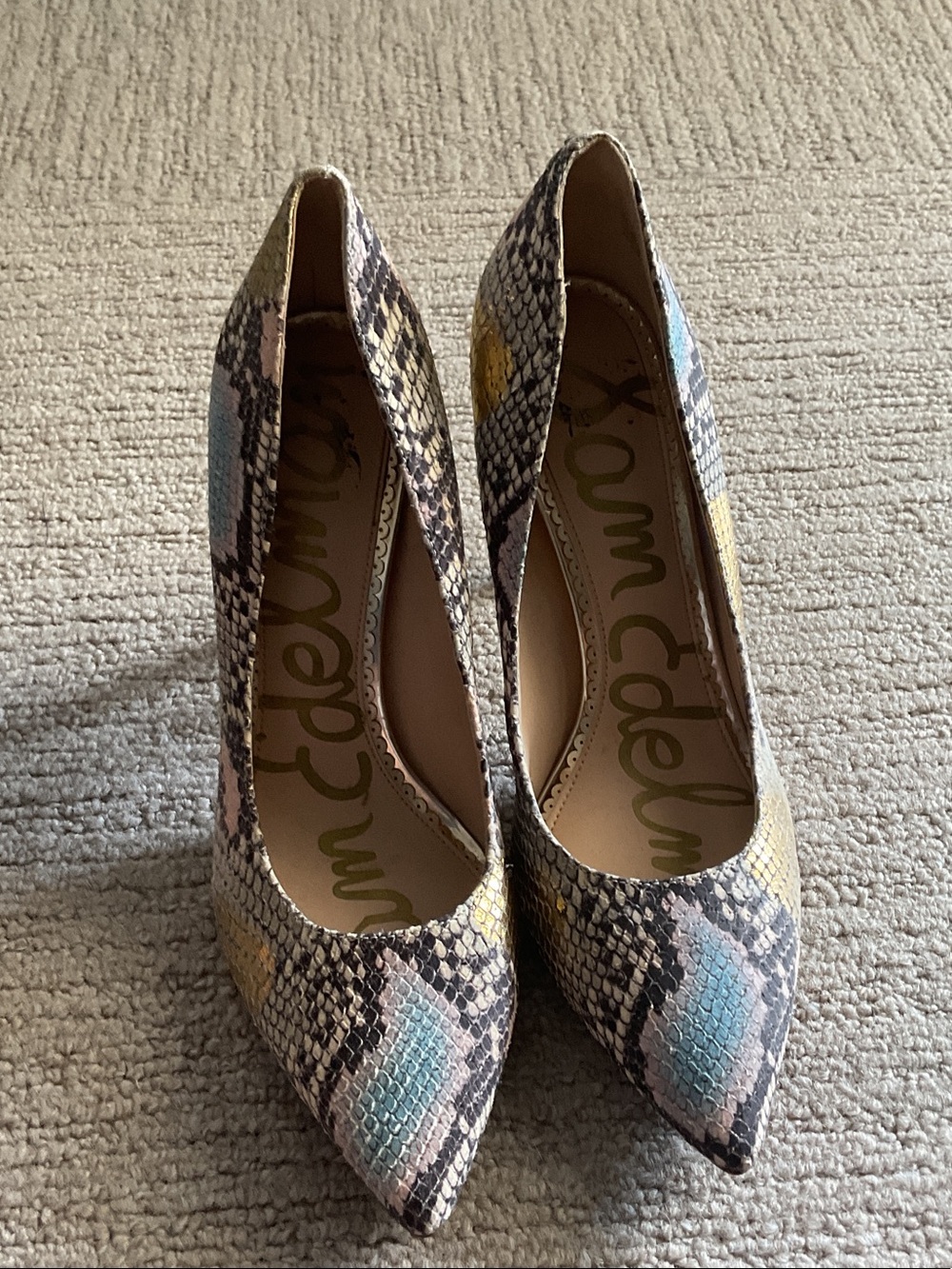 Sam Edelman Snake-Print Pointed Toe Pumps in Blue, Yellow & Brown
